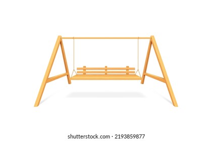 Wooden Porch Swing Hanging On Chains Isolated On White Background. Realistic Swing Bench For Outdoor, Garden And Patio. 3d Vector Illustration