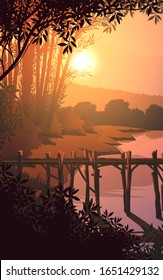 Wooden port at the edge of the marsh Natural forest mountains horizon trees Landscape wallpaper Sunrise and sunset Illustration vector style Colorful view background