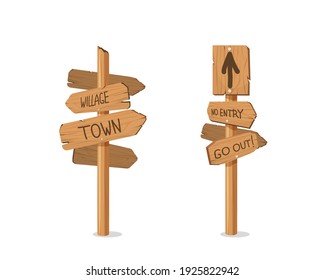 Wooden post hung with retro wooden pointers. Old billboards on stick with stop and no entry announcements and information brown wood texture with vector direction.