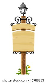 wooden post with signboard, lantern and forged decoration - vector illustration, isolated on white background