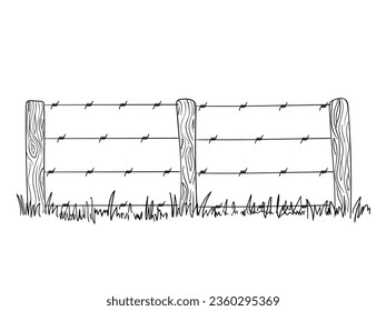 Wooden posts with barbed wire. Hand drawn simple vector outline. Rural farm fence, field fencing