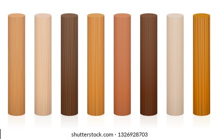 Wooden posts. Collection of wooden rods, different colors, glazes, textures from various trees to choose - brown, dark, gray, light, red, yellow, orange decor models - vector on white background.
