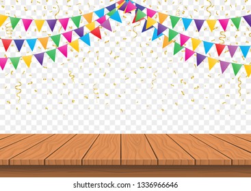 Wooden presentation board top with Colorful Flags with Confetti And Ribbons on transparent background, Party celebration, buntings garlands vector