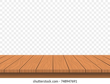 Wooden presentation board top on transparent background, blank product display table with empty space. Vector