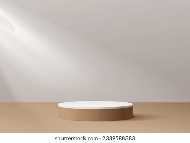 Wooden product display podium with nature leaves on brown background. 3D rendering, Realistic brown wood and white 3D cylinder pedestal podium with glowing ball neon lamp, Premium podium made of paper