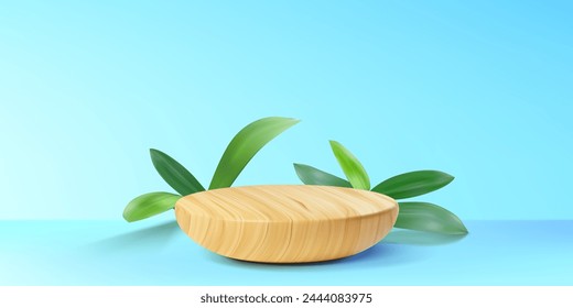 Wooden product podium with green leaf decoration in studio room interior with pastel turquoise wall and floor. Realistic vector mockup of round light brown platform with wood texture.