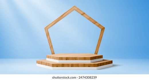 Wooden product podium stage with arch. Modern platform with geometric arc at blue background with light rays. Realistic 3d vector two-tiered wood scene for showcasing natural cosmetics presentations