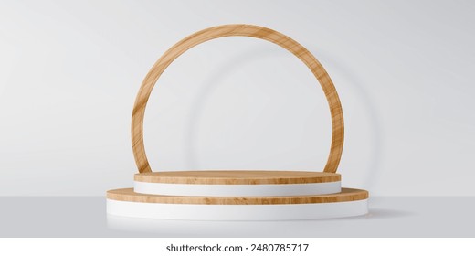 Wooden product podium stage with round arch 3d vector mockup. Realistic showcase with sleek, wood, circular stairs for cosmetics, natural and eco products presentations, providing luxury platform