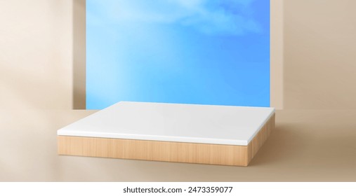 Wooden product podium in studio room interior with beige floor and wall, window hole with blue sky and clouds. Realistic 3d template of rectangular podium made of wood with white top for goods promo.