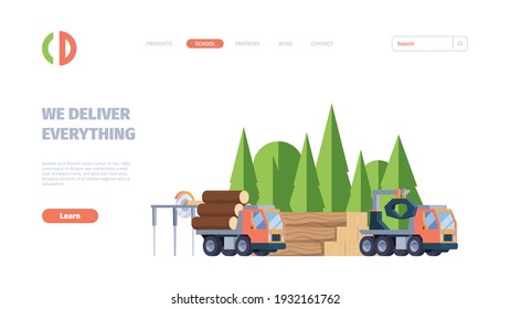 Wooden production. Business landing web page with forestry industry production pictures of lumber sawmill timbers garish vector template