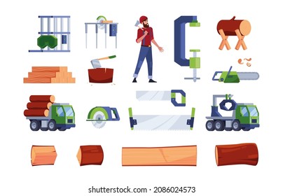 Wooden production. Oak logs industrial saw and axe for sawmill forestry timber woodcutter items garish vector flat illustrations set isolated