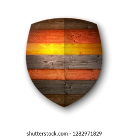 Wooden protection guard shield concept. Safety vector wood badge abstract protection icon. Privacy wooden shield security label sign. Defense tag presentation wood shield. Defense safeguard sign badge