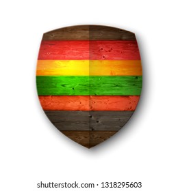 Wooden protection guard shield concept. Safety vector wood badge abstract protection icon. Privacy wooden shield security label sign. Defense tag presentation wood shield. Defense safeguard sign badge