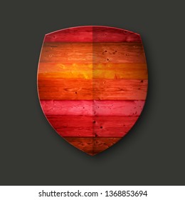 Wooden protection guard shield concept. Safety wood badge abstract protection icon. Privacy wooden shield security label sign. Defense tag presentation wood shield. Defense safeguard color sign badge