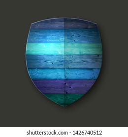 Wooden protection guard shield concept. Safety wood badge abstract protection icon. Privacy wooden shield security label sign. Defense tag presentation wood shield. Defense safeguard color sign badge