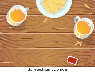 Wooden pub table with two beers and a plate of fries, top view. Copyspace. Flat vector illustration. Horizontal.