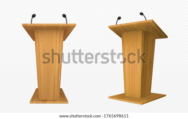 Wooden pulpit, podium or tribune front side view.\
Rostrum stand with microphone for conference debates, trophy\
isolated on transparent. Business presentation speech pedestal\
Realistic vector mock\
up