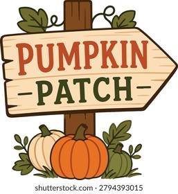 Wooden pumpkin patch sign board with autumn harvest pumpkins