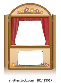 Wooden punch and judy booth with blank staging announcement banner, that can individually be lettered.