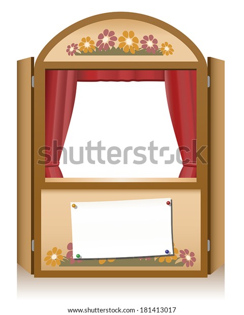 Wooden punch and judy booth\
with blank staging announcement banner, that can individually be\
lettered.
