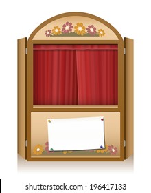 Wooden punch and judy booth with closed red curtain and a blank staging announcement banner, that can individually be lettered. Vector illustration on white background.