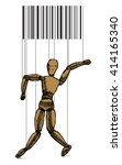 Wooden puppet with bar code on white background. Vector stock illustration