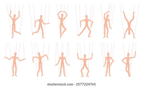 Wooden puppet doll. Marionette in different actives poses. Model for drawing, animation, sculpting. Wood model on control rope for theater, racy vector set