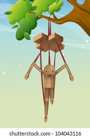 Marioneta de madera, colgando en una rama de árbol, ilustración vectorial