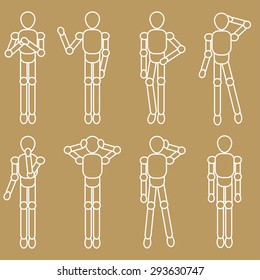 wooden puppets or artist manikin line silhouettes set