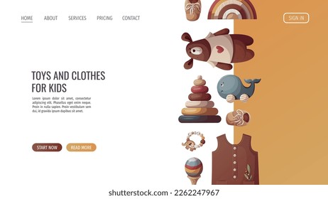 Wooden push toys, pyramid, teddy bear, baby booties, baby clothes. Children's toys, kid's shop, playing, childhood, baby care concept. Vector illustration for poster, banner, website.