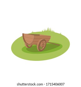 Wooden pushcart on green grass. Vector hand drawn illustration.
