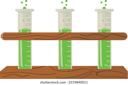 Un estante de madera contiene tres tubos de ensayo llenos de un líquido verde. concepto biológico