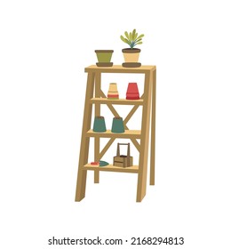 Wooden rack with shelves for storing garden tools, pots and other equipment. Shelving for organizing household items. Colorful vector isolated illustration hand drawn