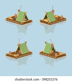 Wooden raft. 3D lowpoly isometric vector illustration. The set of objects isolated against the light-blue background and shown from different sides