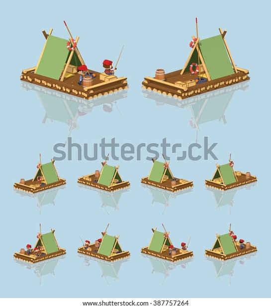 Wooden raft. 3D lowpoly isometric vector\
illustration. The set of objects isolated against the light-blue\
background and shown from different\
sides