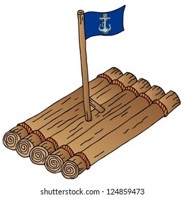 Wooden raft with flag - vector illustration.