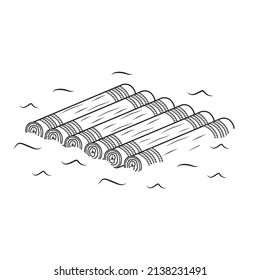 Wooden raft, isolated vector illustration black outline sketch doodle