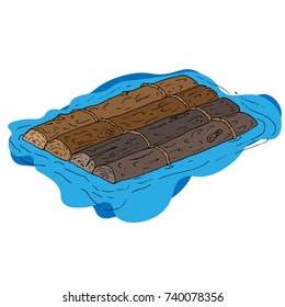 A wooden raft. A raft of logs connected by a rope. Vector illustration.