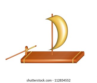 Wooden raft with sail