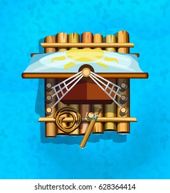 Wooden raft with a sail. Vector design for app game user interface