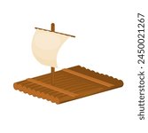 Wooden raft with sail. Vector Isolated Illustration