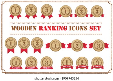 Wooden Ranking Icons Set. “Red Ribbon”