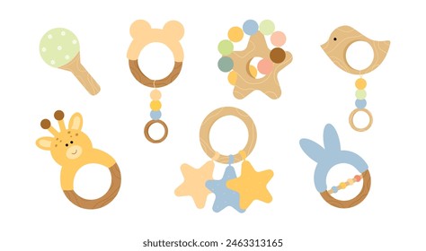 Wooden rattles set for babies. Newborn baby toys. Kids nursery items for fun, play. Vector illustrations in flat style.