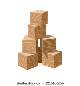 Wooden realistic bricks building tower. Block vector illustration on white background. Blank cubes for your own design.