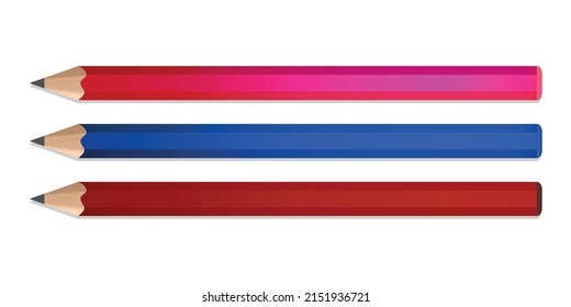 Wooden realistic color pencil with rubber eraser. Pencils sharp on white background. Vector illustration.