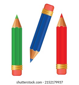 Wooden realistic color pencil with rubber eraser. Pencils sharp on white background. Vector illustration.