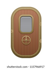 Wooden realistic door with glazed rectangular window porthole. Door compartment of the submarine, with circular wheel lock. Ship, submarine, with window. Vector illustration isolated.