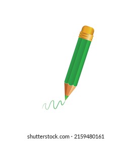 Wooden realistic green pencil with rubber eraser. Pencils sharp on white background. Vector illustration.