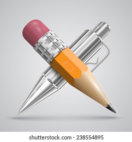 A wooden realistic pencil and pen, vector