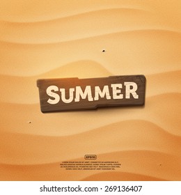 Wooden realistic summer sign on a sand beach texture